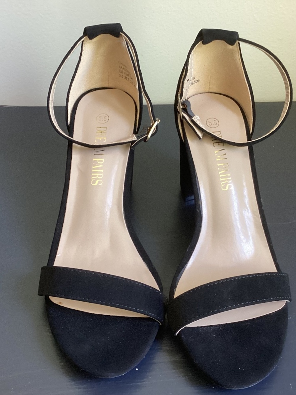 Ladies Dream Pairs Black Suede Open Toe Sandals 3” Heel Size 5.5